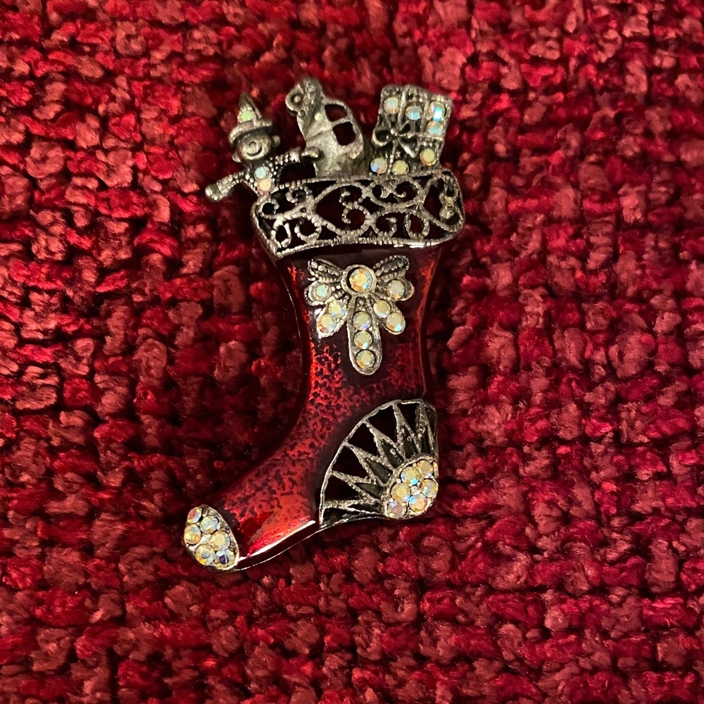 Festive Red Enameled and Rhinestone Christmas Stocking Brooch Pin